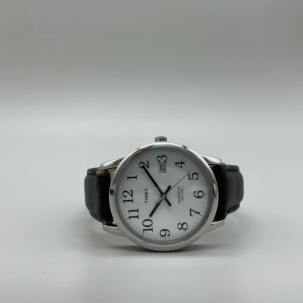 Timex Easy Reader Indiglo WR 30M Mens Watch 35mm Black Leather Band Date